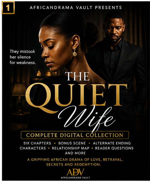 Promotional cover art for 'The Quiet Wife' digital collection, presented by Africandrama Vault. The artwork features a dark, moody background with a woman in the foreground and a man in a black suit behind her.
