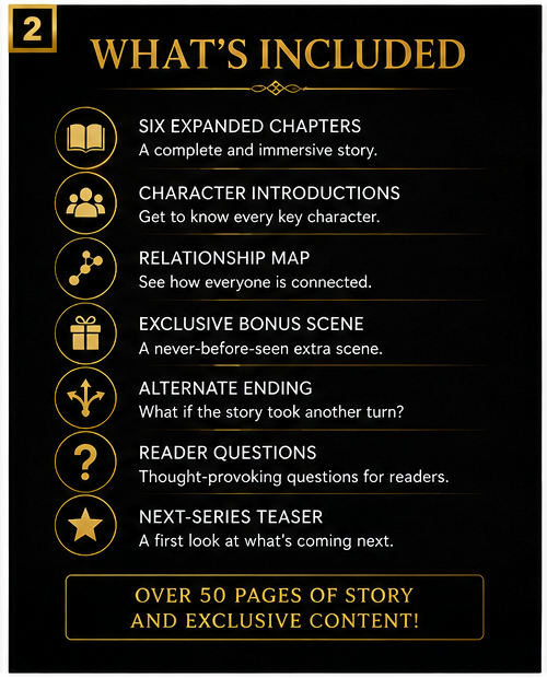 A black promotional graphic with gold text and icons outlining what is included in a book or story package, including six expanded chapters, character introductions, a relationship map, an exclusive bonus scene, an alternate ending, reader questions, and over 50 pages of story and exclusive content.