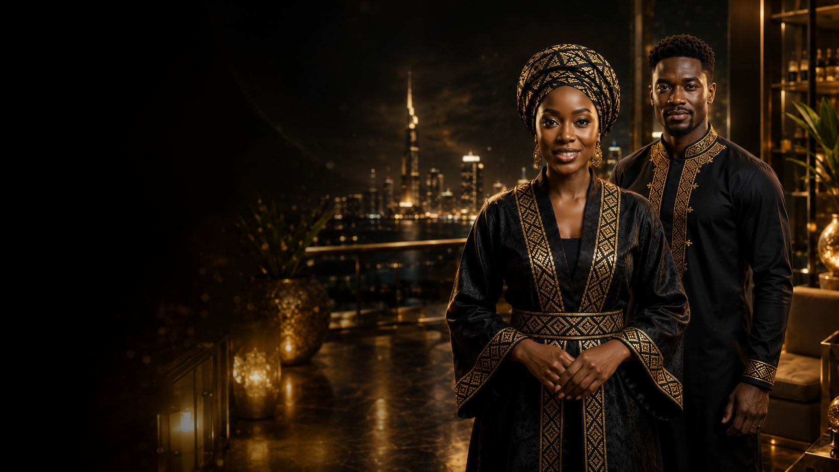 AfricanDrama Vault female and male mascots in premium black-and-gold attire representing cinematic African storytelling and creator tools