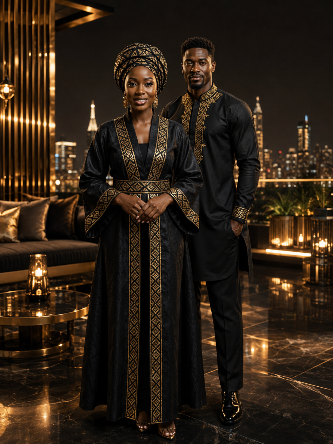 AfricanDrama Vault female and male mascots in premium black-and-gold African-inspired attire