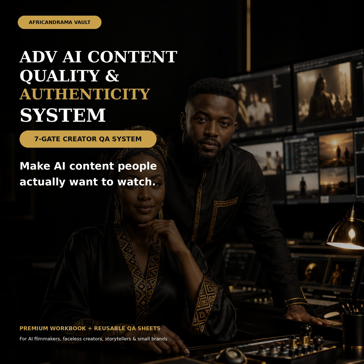 ADV AI Content Quality and Authenticity System digital workbook with the AfricanDrama Vault female and male mascots in a cinematic editing studio.