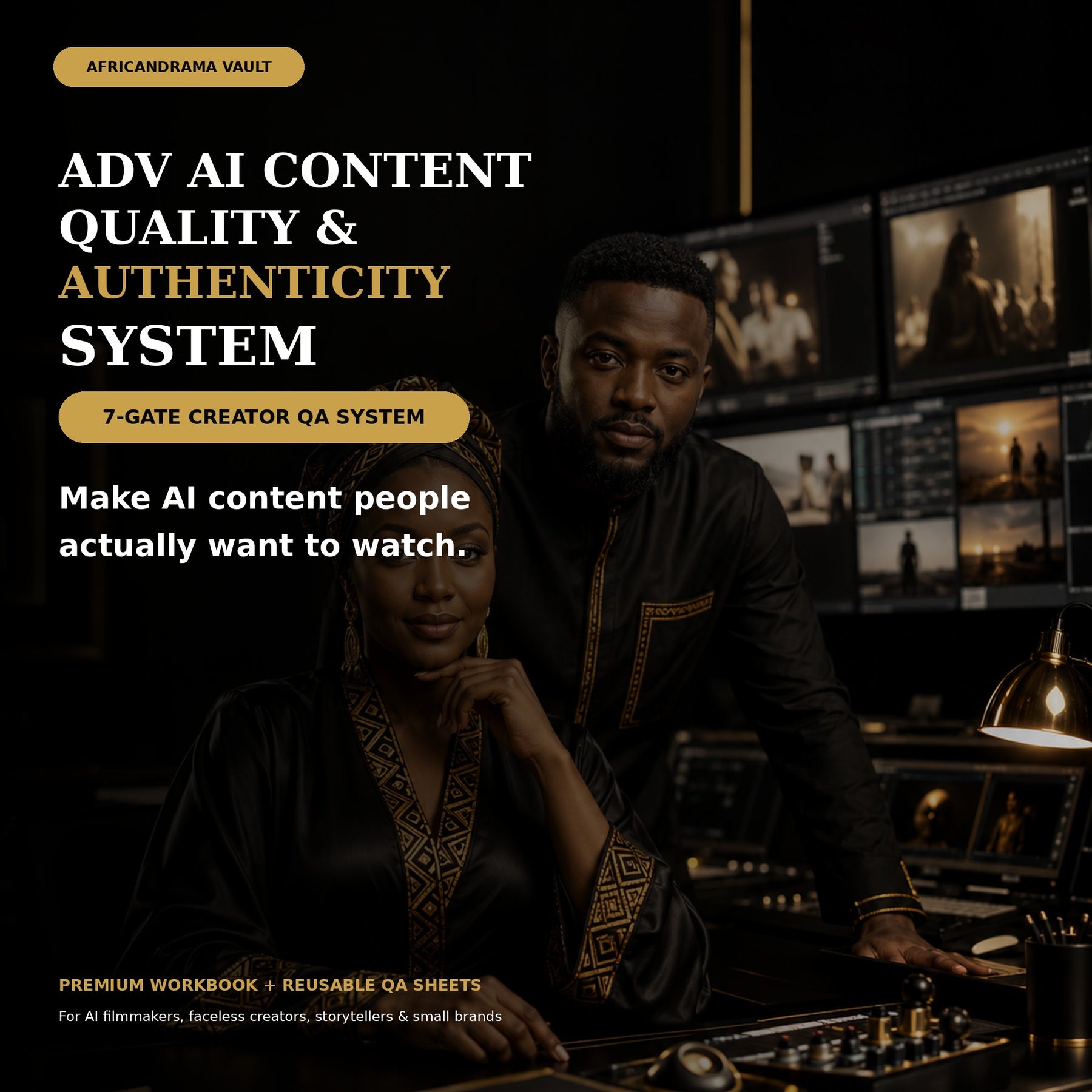 ADV AI Content Quality and Authenticity System digital workbook with the AfricanDrama Vault female and male mascots in a cinematic editing studio.