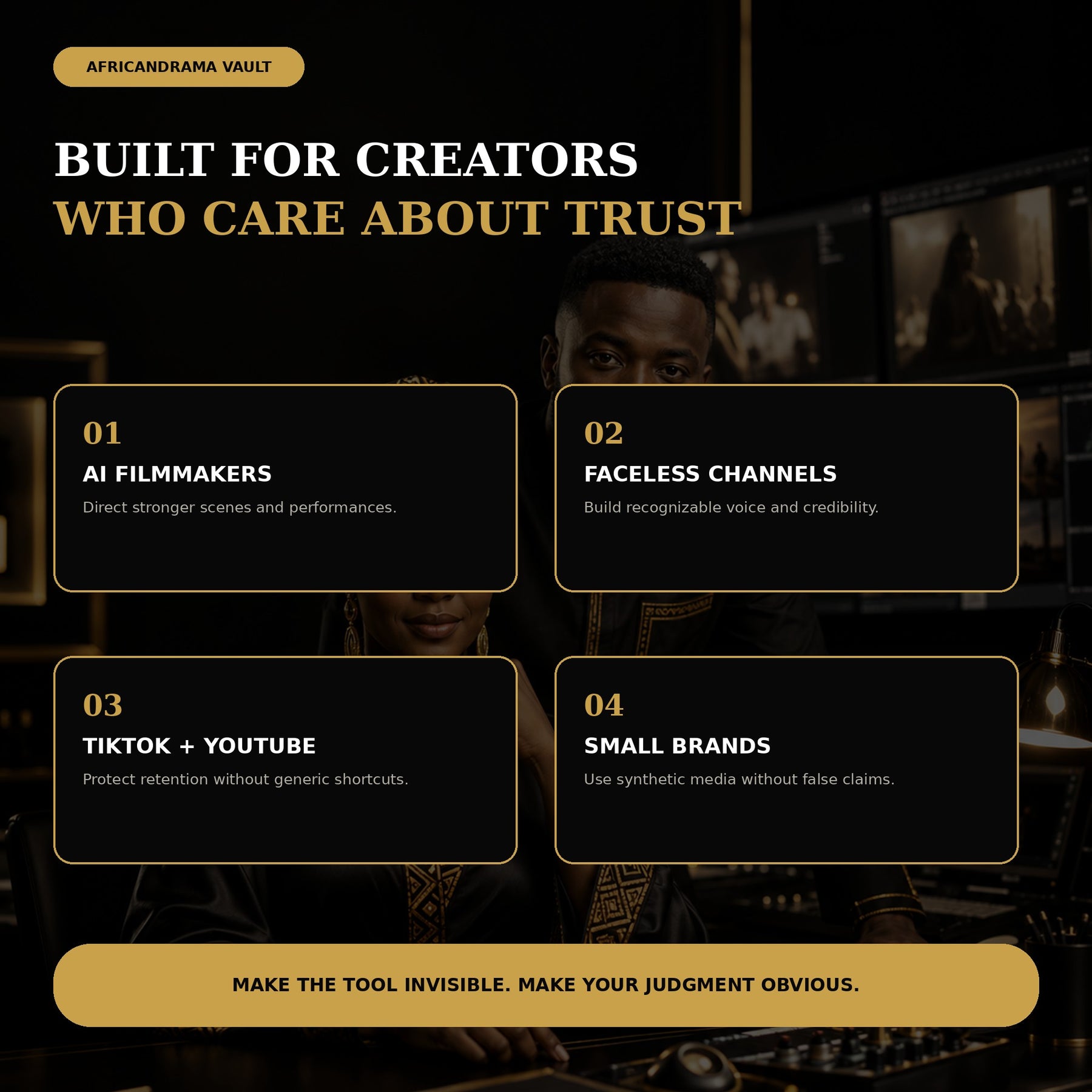 ADV AI Content Quality System for AI filmmakers, faceless channels, TikTok and YouTube storytellers, and small brands, featuring the AfricanDrama Vault mascot pair.