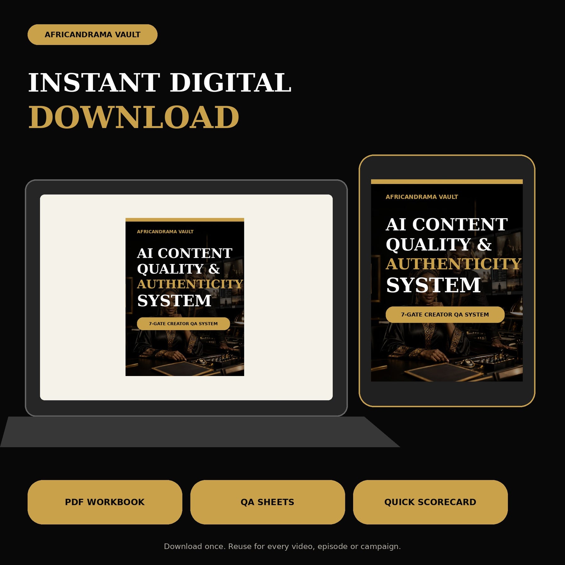 Instant digital download of the ADV AI Content Quality workbook, reusable QA sheets, and quick release scorecard shown on laptop and tablet mockups.