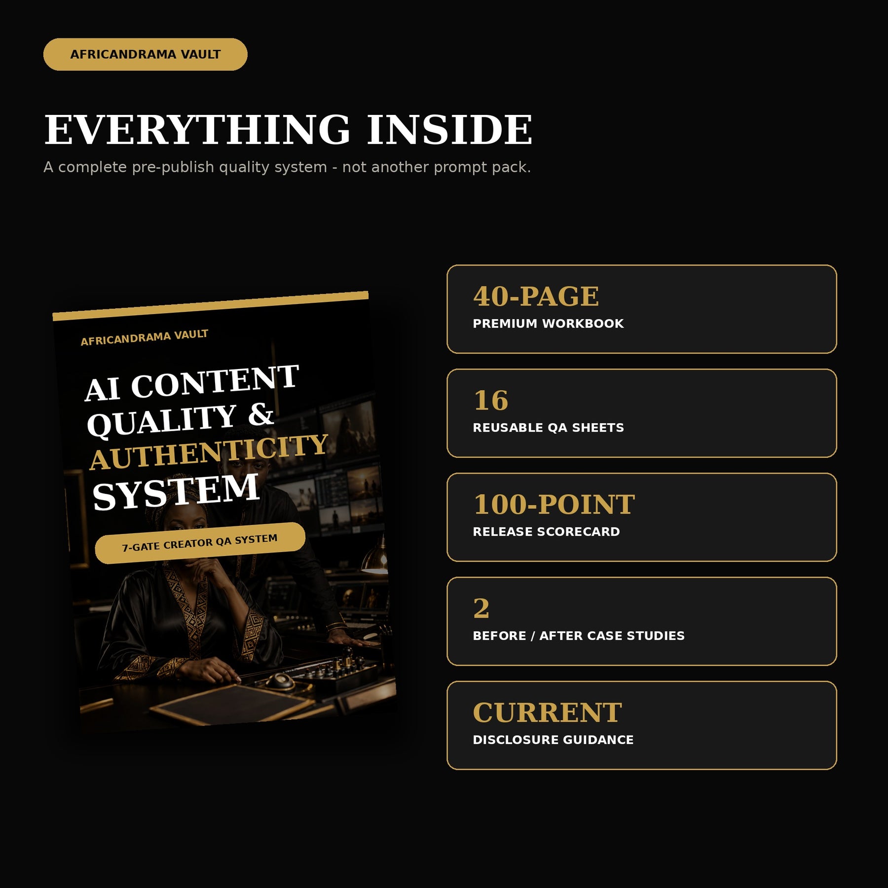 What's included in the ADV AI Content Quality System: a 40-page workbook, 16 reusable QA sheets, a 100-point scorecard, before-and-after case studies, and disclosure guidance.