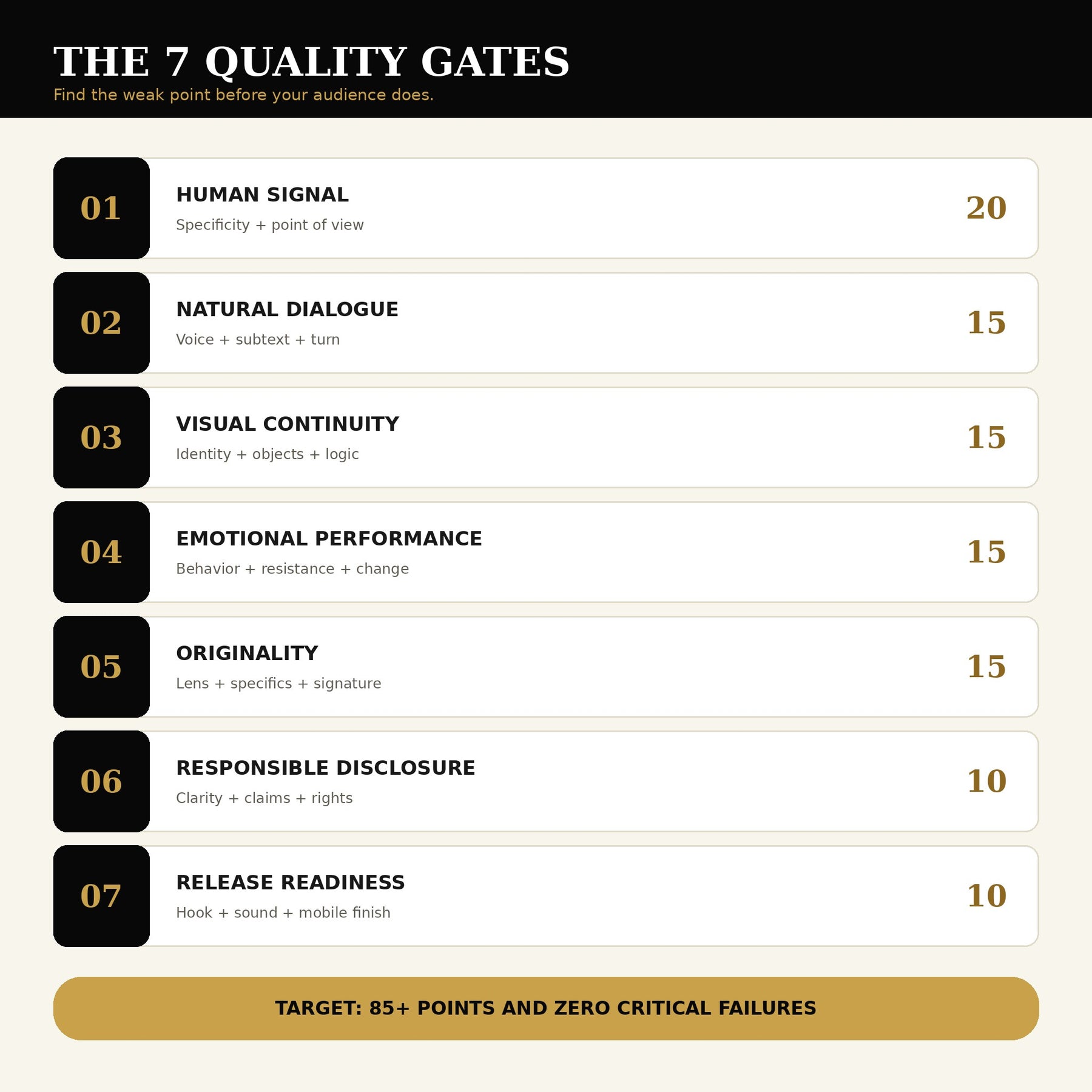 The seven ADV AI content quality gates: Human Signal, Natural Dialogue, Visual Continuity, Emotional Performance, Originality, Responsible Disclosure, and Release Readiness.
